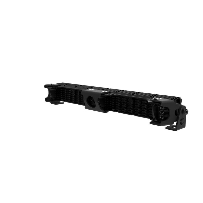Close-up of the KC HiLiTES FLEX ERA LED Light Bar Master Kit: rear angled view of a KC FLEX ERA LED light bar showing the finned housing