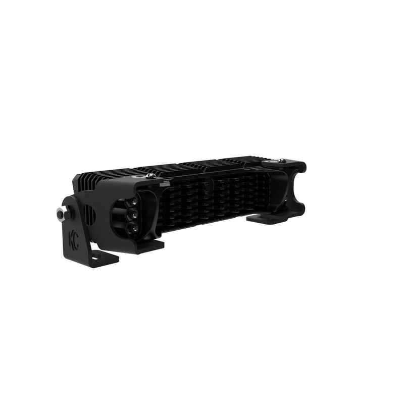 Close-up of the KC HiLiTES FLEX ERA LED Light Bar Master Kit: rear angled view of a KC FLEX ERA light bar showing the finned housing and end bracket