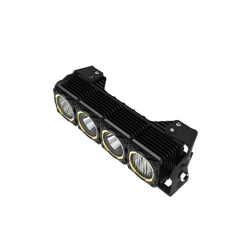 Close-up of the KC HiLiTES FLEX ERA LED Light Bar Master Kit: top-down angled view of a four-module KC FLEX ERA LED light bar with its mounting brackets