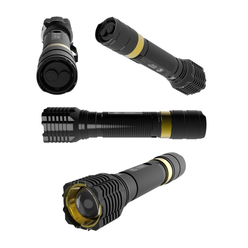 KC HiLiTES FLX 3K Rechargeable Flashlight on a studio background: four views of a black flashlight with a gold ring showing the tail switches, the side and the lens on a white background