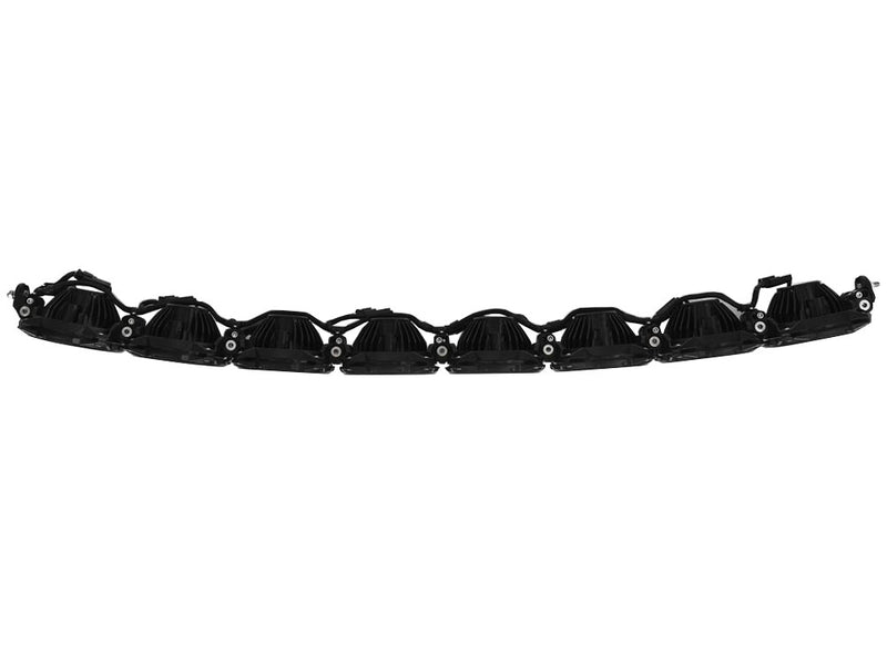 Close-up of the KC HiLiTES Gravity Pro6 50" 8-Light LED Light Bar Kit: top rear view of an eight-light LED light bar showing the black heat sinks and linking wiring
