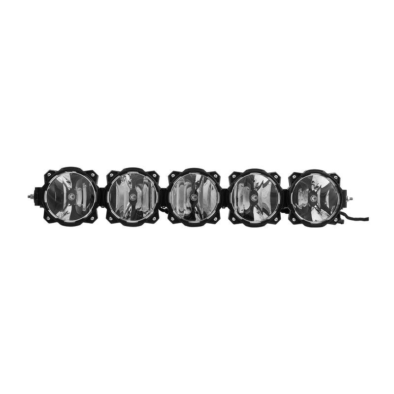 KC HiLiTES Gravity Pro6 LED Light Bar on a studio background: KC Gravity Pro6 light bar with 5 round black LED lights joined in a row, front view on white