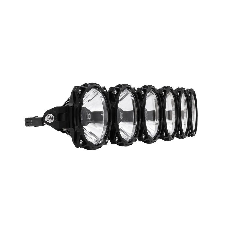 KC HiLiTES Gravity Pro6 LED Light Bar on a studio background: KC Gravity Pro6 light bar with 6 round black LED lights joined in a row, angled three-quarter view on white