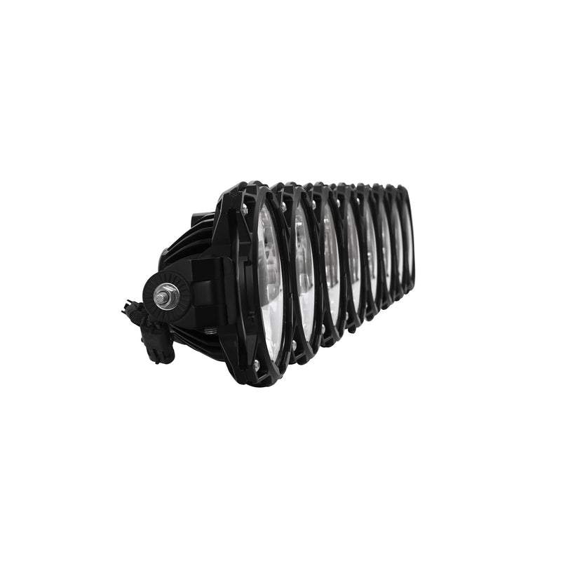 KC HiLiTES Gravity Pro6 LED Light Bar on a studio background: KC Gravity Pro6 light bar with 8 round black LED lights joined in a row, angled end view on white