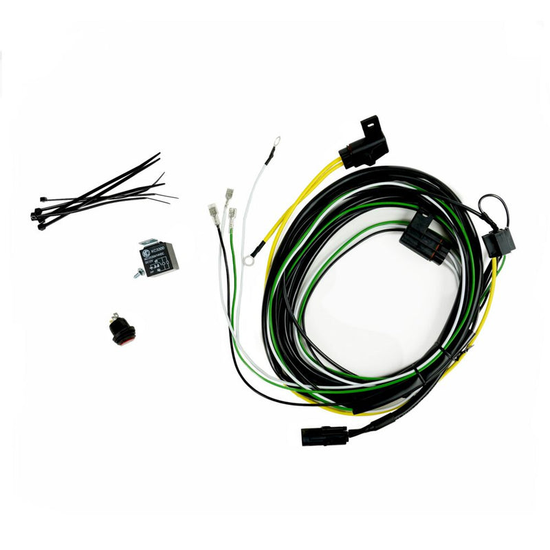 KC HiLiTES Gravity Pro6 LED Light Bar Switch Harness on a studio background: light bar wiring harness with weatherproof plugs, a relay, a round lighted switch and zip ties on a white background