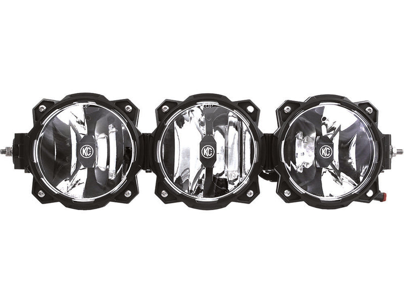 KC HiLiTES Gravity Pro6 LED Light Bar on a studio background: three-light black LED light bar with round clear lenses on a white background