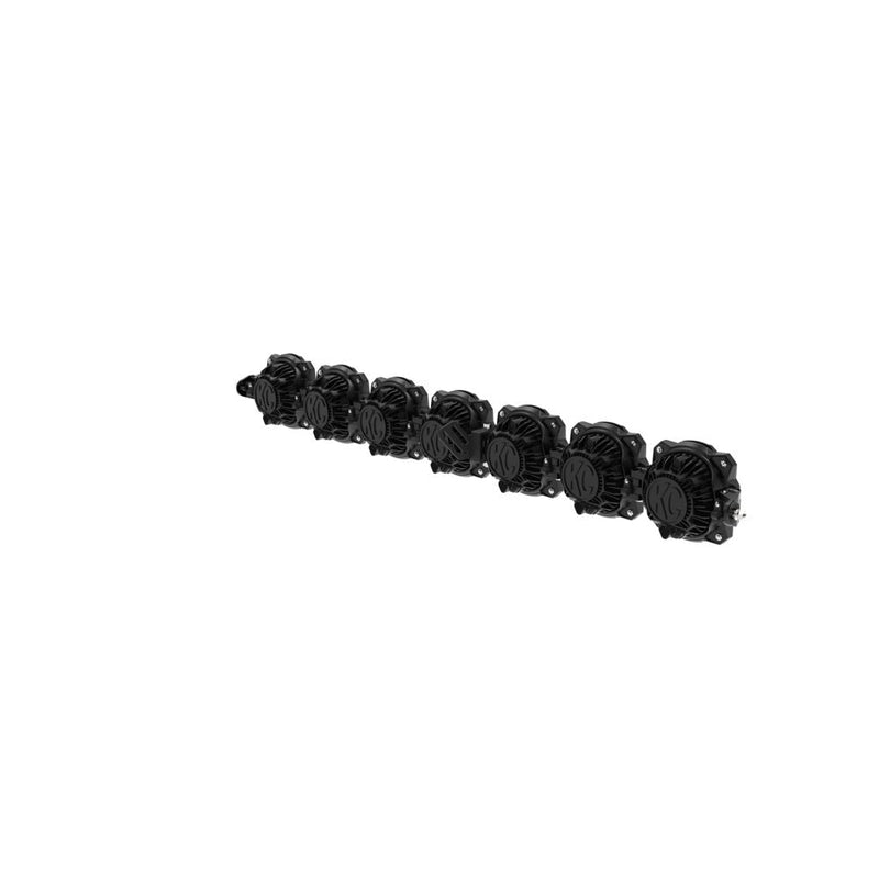 Close-up of the KC HiLiTES Gravity Titan 45" 7-Light Bumper LED Light Bar: angled rear view of a black seven light LED light bar on a white background