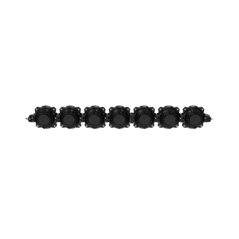 Close-up of the KC HiLiTES Gravity Titan 45" 7-Light Bumper LED Light Bar: straight rear view of a black seven light LED light bar on a white background