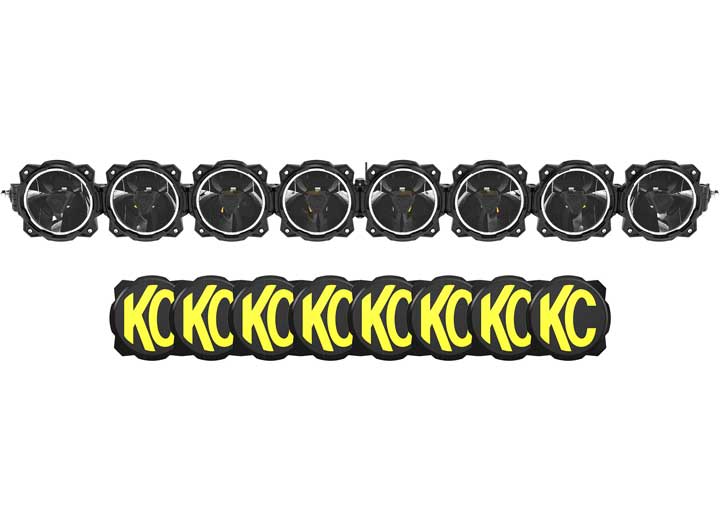 KC HiLiTES Gravity Titan LED Light Bar on a studio background: eight light Gravity Titan LED light bar with clear lenses and a matching row of black and yellow KC covers below