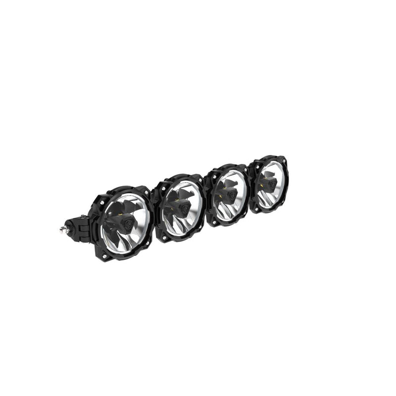 KC HiLiTES Gravity Titan LED Light Bar on a studio background: four round LED lights joined in a black light bar, angled front view showing chrome reflectors