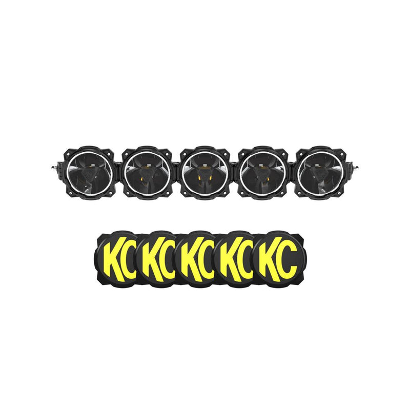 KC HiLiTES Gravity Titan LED Light Bar on a studio background: front view of a five-light black LED light bar with halo rings above a row of five black and yellow KC covers