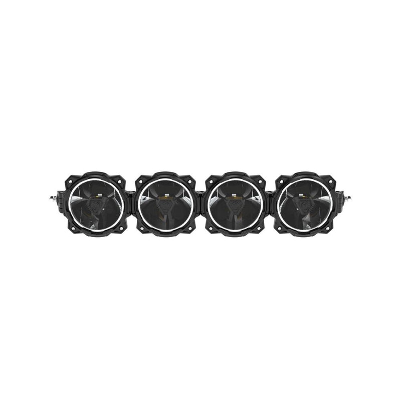 KC HiLiTES Gravity Titan LED Light Bar on a studio background: front view of a four-light black LED light bar with halo rings on a white background