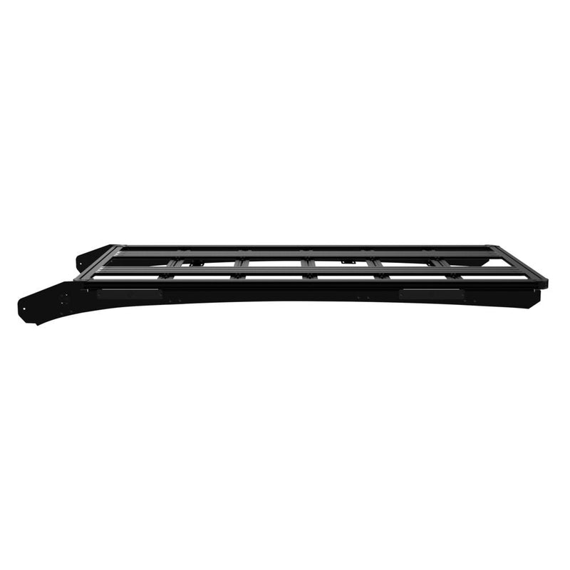 KC HiLiTES Platform One Roof Rack on a studio background: black aluminum KC Platform One roof rack with slotted crossbars and side mounting brackets, low side view on a white background