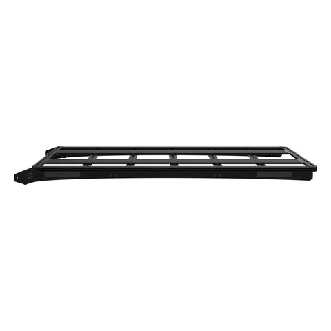KC HiLiTES Platform One Roof Rack on a studio background: black aluminum Platform One roof rack shown from the side on a white background