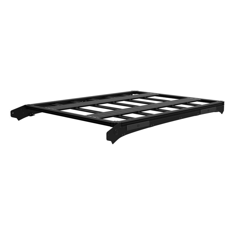 KC HiLiTES Platform One Roof Rack on a studio background: black aluminum Platform One roof rack with curved side fairings on a white background