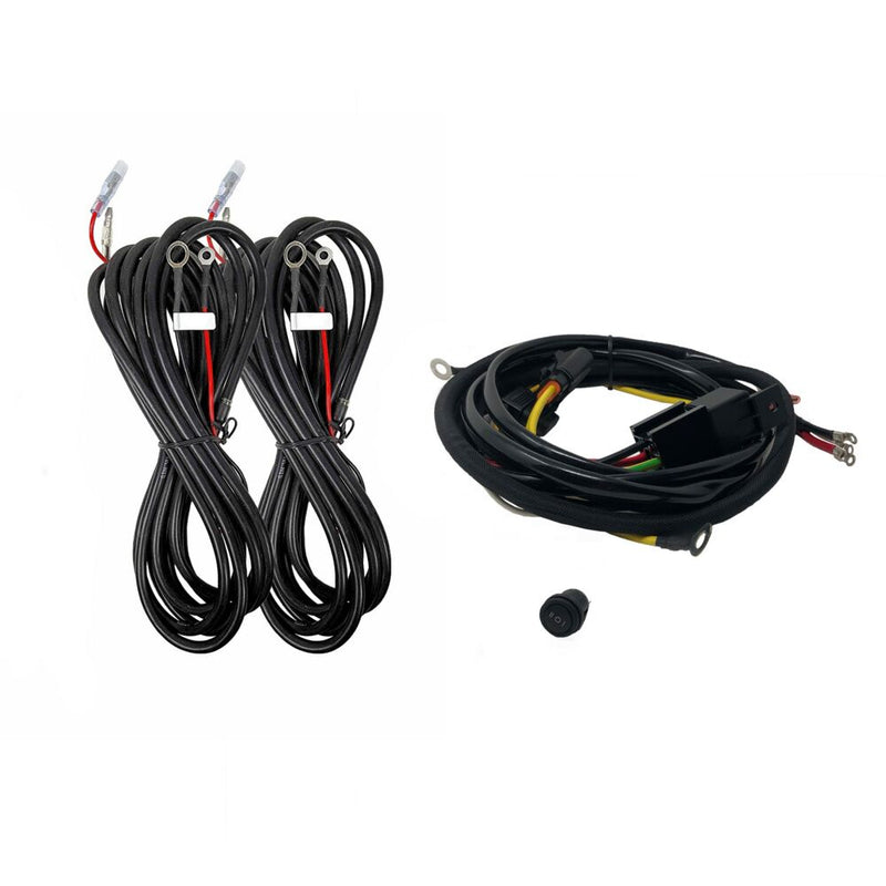 KC HiLiTES Profile SideCast Four-Light Wiring Kit for Platform One, 2024-2025 Tacoma Double Cab on a studio background: KC four-light wiring kit with two coiled light leads, a main harness with relay, and a rubber grommet on a white background