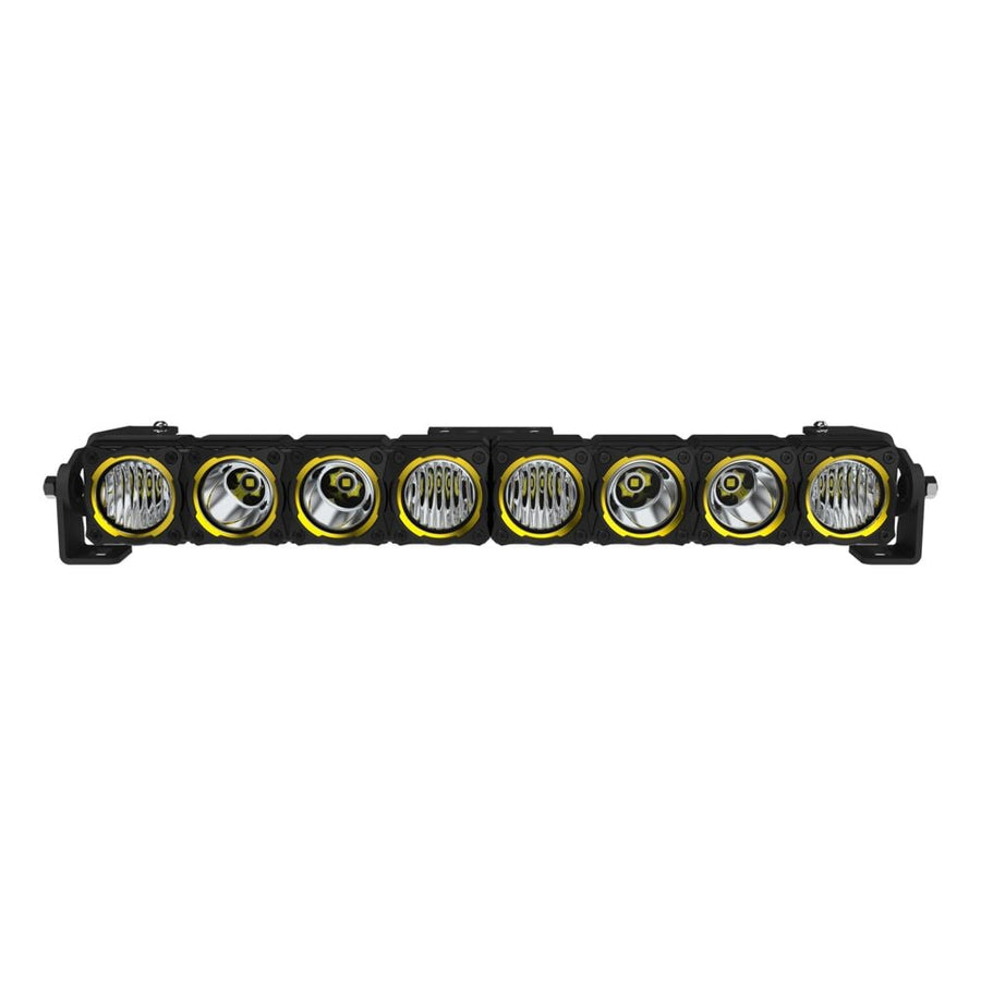 FLEX ERA LED Light Bars by KC HiLiTES: KC FLEX ERA LED light bar with eight round light modules and yellow accent rings, front view