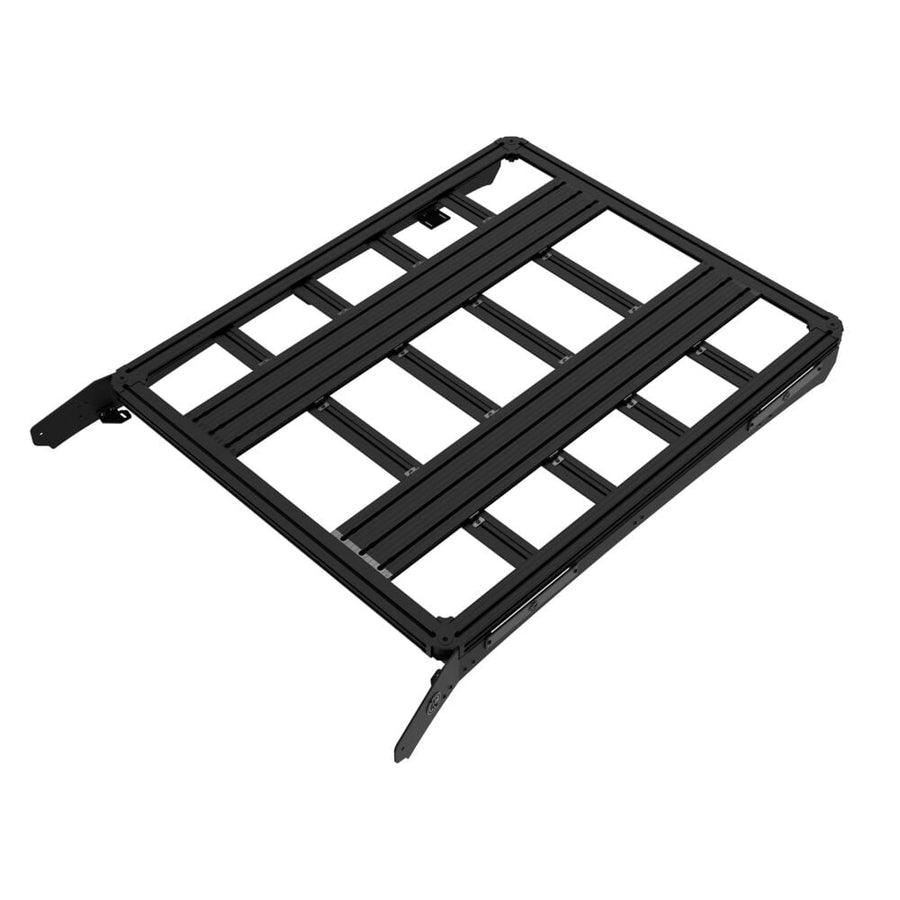 Platform One Roof Racks by KC HiLiTES: Black aluminum KC Platform One roof rack with slotted crossbars and side mounting brackets, elevated top-down three-quarter view on a white background