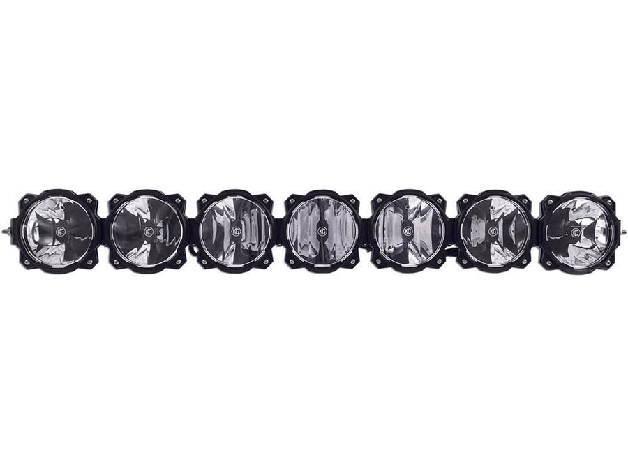 Vehicle-Specific LED Light Bar Kits by KC HiLiTES: KC Gravity Pro6 light bar with 7 round black LED lights joined in a row, front view on white