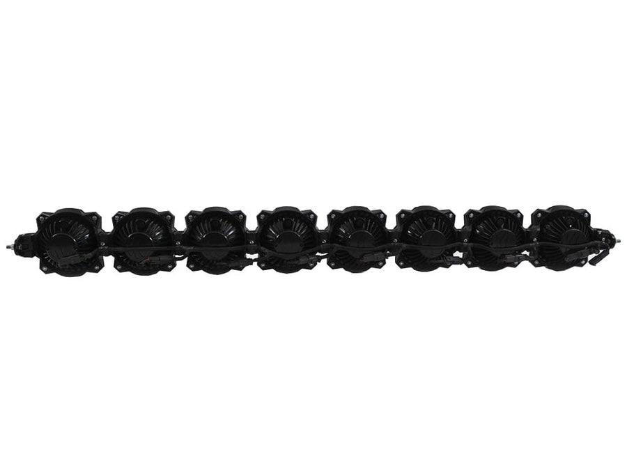 Vehicle-Specific LED Light Bar Kits by KC HiLiTES: Rear view of an eight-light LED light bar showing the black heat sink backs of each light
