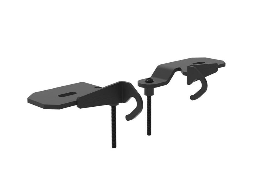 Vehicle-Specific Light Mounts by KC HiLiTES: Pair of black ditch light mounting brackets with hooks for a Jeep Wrangler 392 or Gladiator Mojave on white