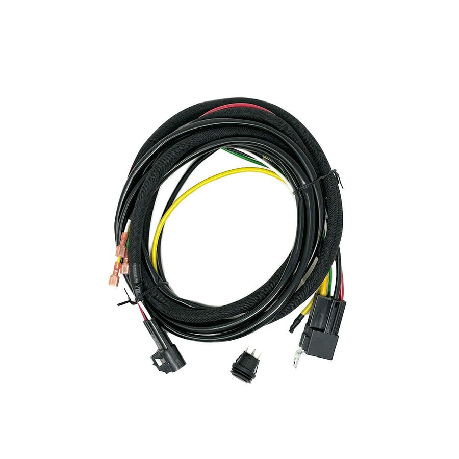 Wiring, Switches & Relays by KC HiLiTES: Coiled black light bar wiring harness with relay, spade terminals and a round rocker switch on a white background