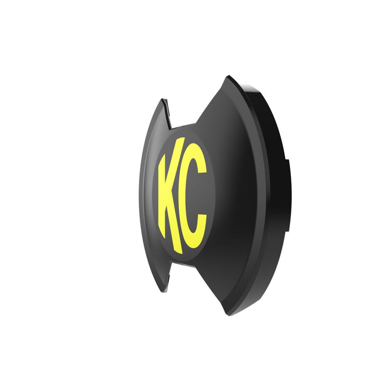 KC HiLiTES SlimLite 8" LED Light Cover & Shield on a studio background: black SlimLite 8" light cover with a yellow KC logo, angled view on white