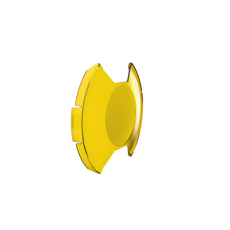KC HiLiTES SlimLite 8" LED Light Cover & Shield on a studio background: selective yellow SlimLite 8" driving light shield with a ribbed center optic, angled view