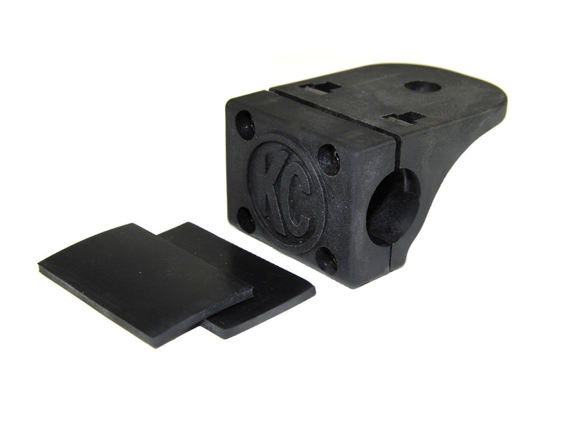 KC HiLiTES Tube Clamp Light Mount on a studio background: single black KC tube clamp light mount with two black rubber adjustment shims on a white background