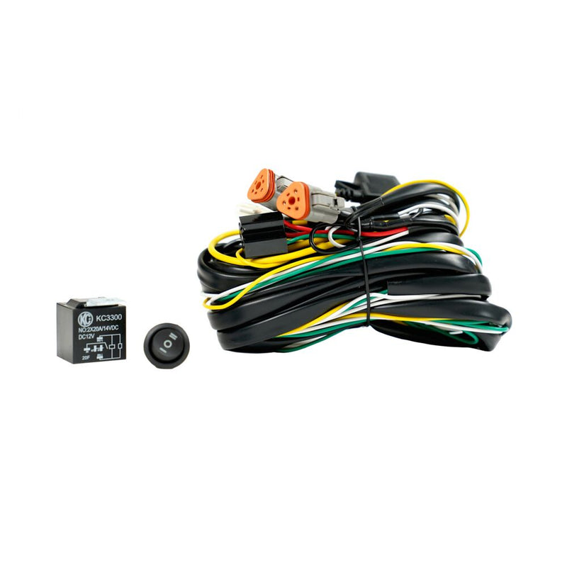 KC HiLiTES Wiring Harness with 40 A Relay & 3-Position Switch, 3-Pin Deutsch on a studio background: wiring harness with two orange 3-pin Deutsch connectors, a KC relay and a round three-position rocker switch on a white background