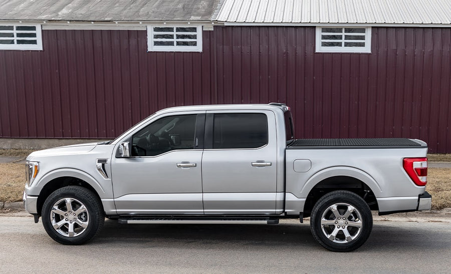 LOMAX Hard Tri-Fold tonneau cover, closed on a Ford F-150