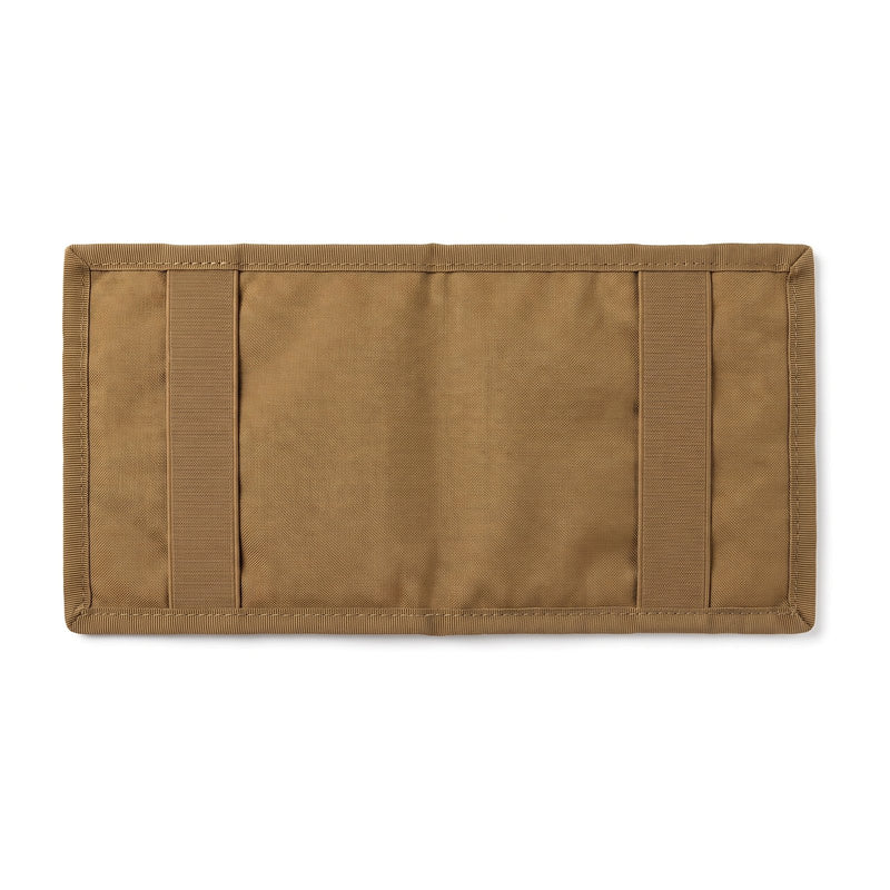 Back of the coyote brown MOLLE sun visor organizer, showing the two elastic straps that slip around a vehicle sun visor