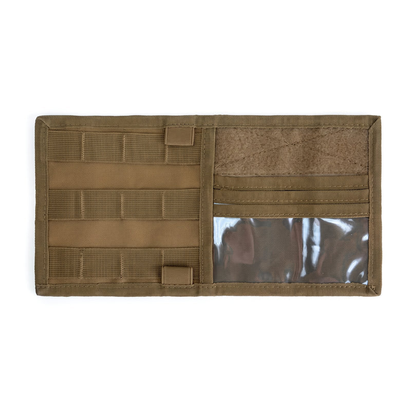 Coyote brown MOLLE sun visor organizer laid flat, with three rows of MOLLE webbing on the left, a hook-and-loop panel at top right and card slots above a clear window pocket at bottom right