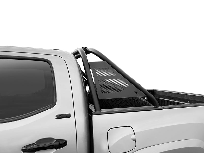 N-Fab ARC sports bar in textured black, side profile, installed behind the cab, on a Toyota Tacoma