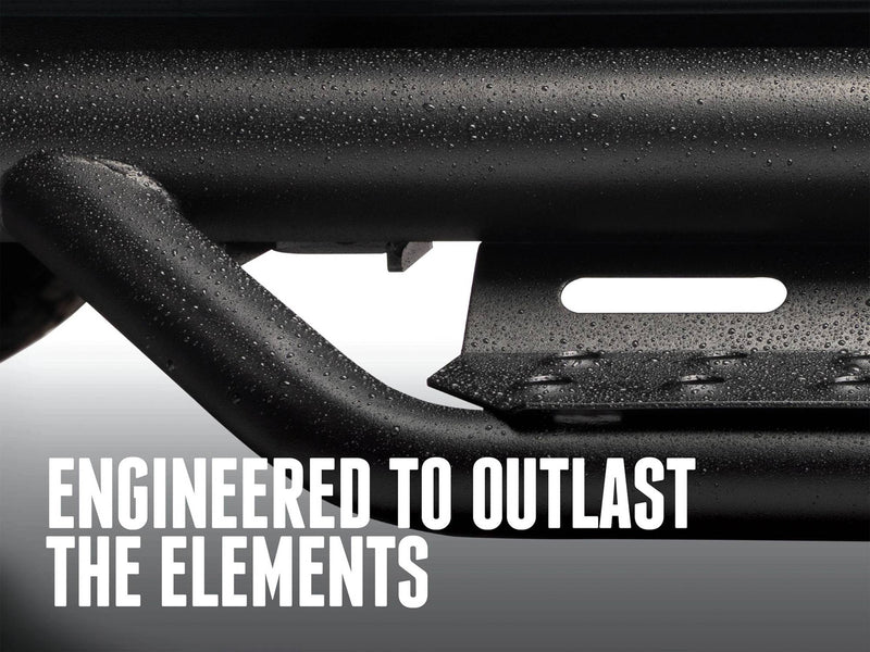 Close-up of the textured black finish on an N-Fab Nerf Step RS tube and step, captioned Engineered to outlast the elements
