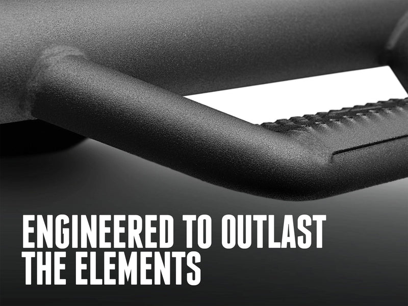 Close-up of the textured black powder coat on an N-Fab hoop step, captioned Engineered to outlast the elements
