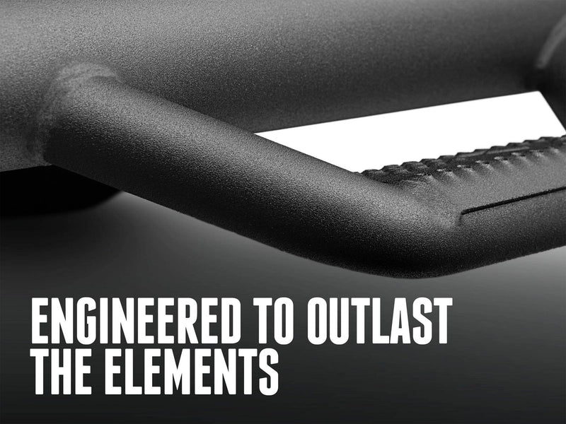 Close-up of the textured black powder coat on an N-Fab hoop step, captioned Engineered to outlast the elements