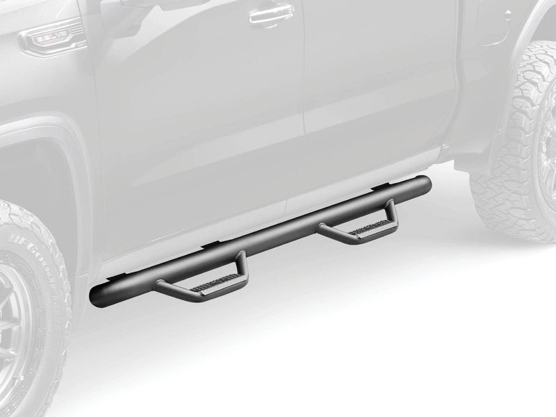 Ghosted pickup outline highlighting where the N-Fab cab length nerf step bar mounts below the doors