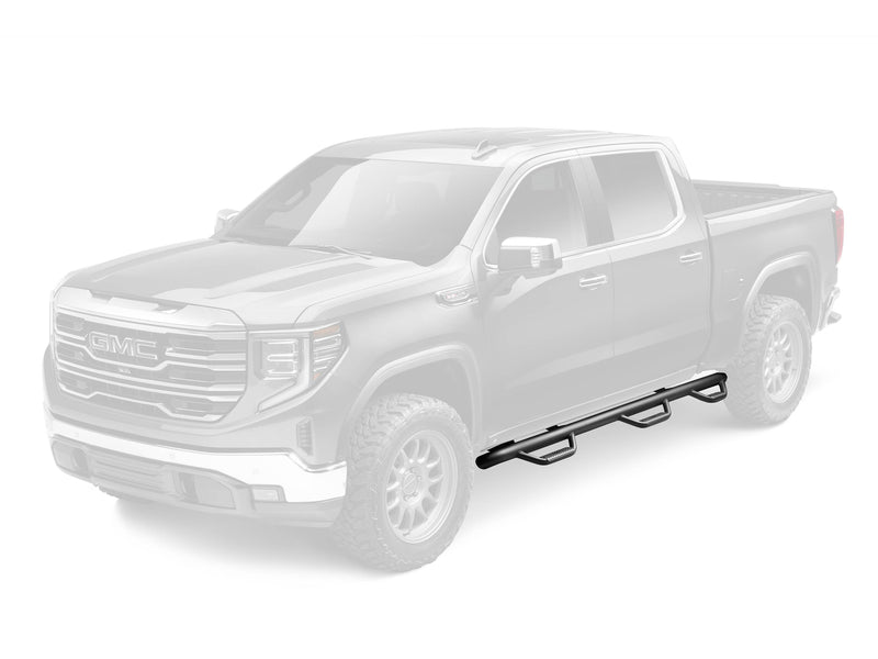 Ghosted pickup outline highlighting where the N-Fab wheel to wheel nerf step bar mounts below the doors and bed