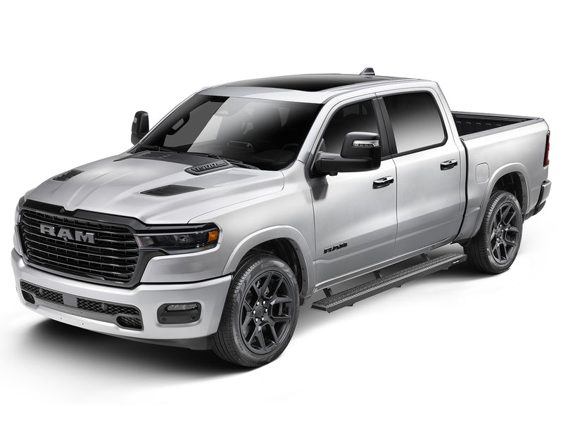 N-Fab Growler Fleet side steps in textured black, front three-quarter view, installed along the rocker, on a Ram 1500