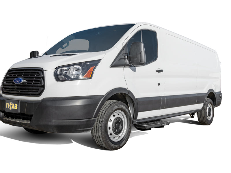 N-Fab Growler Fleet side steps in textured black, front three-quarter view, installed along the rocker, on a Ford Transit