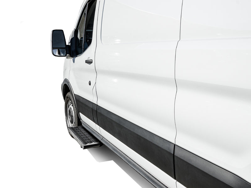 N-Fab Growler Fleet side steps in textured black, side profile, installed along the rocker, on a Ford Transit