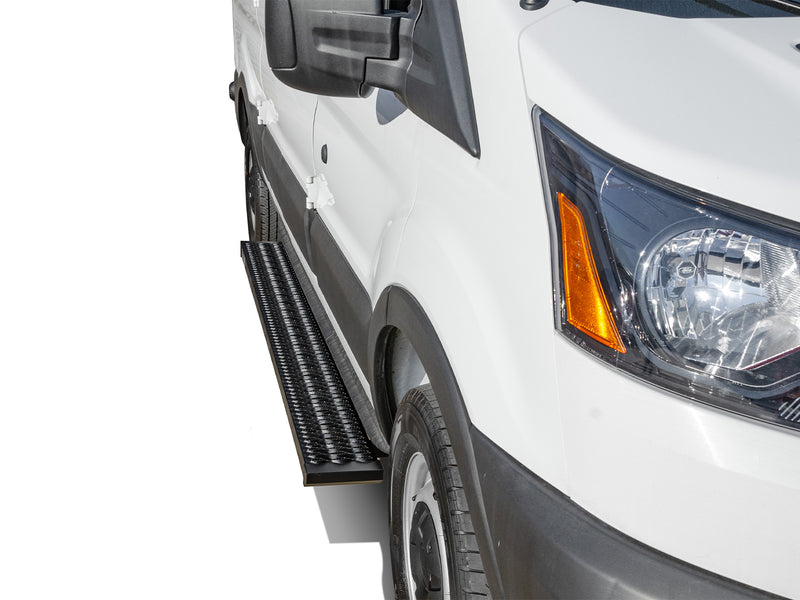 N-Fab Growler Fleet side steps in textured black, step close-up, on a Ford Transit