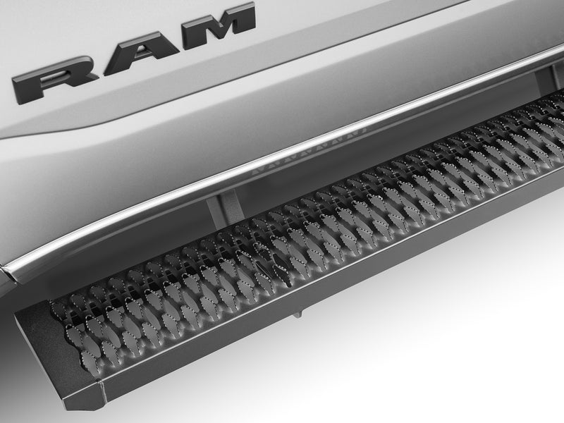 N-Fab Growler Fleet side steps in textured black, step close-up, on a Ram 1500