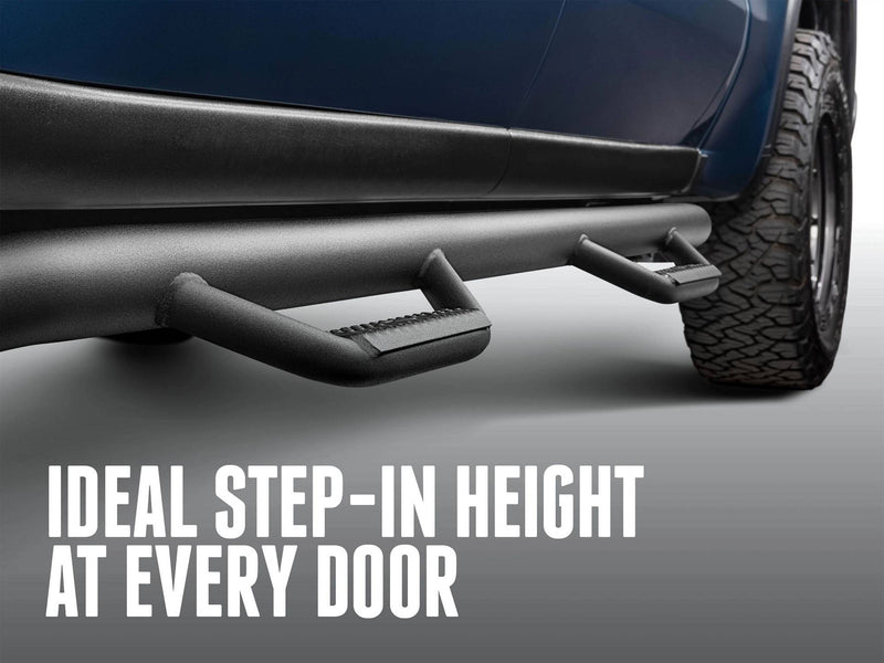 N-Fab hoop step below a blue pickup door, captioned Ideal step-in height at every door