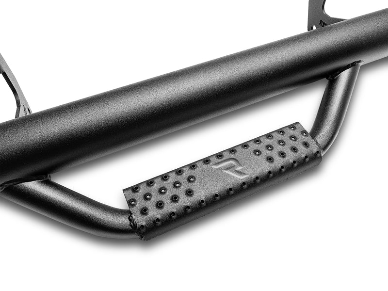 On-white close-up of a textured black N-Fab hoop step with perforated tread