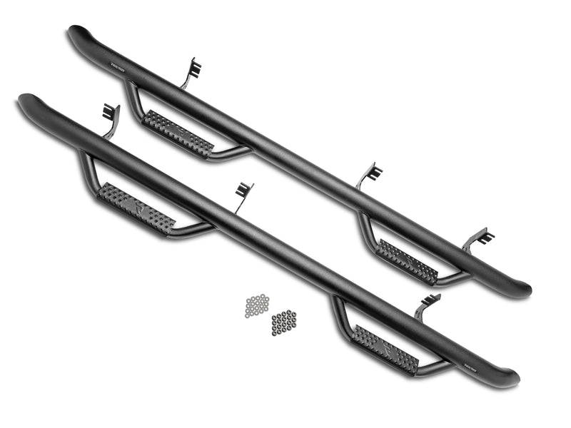 N-Fab cab length nerf step bars in textured black with two hoop steps each, pair on white with mounting hardware