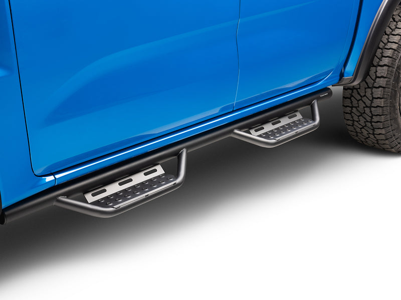 N-Fab Nerf Step RS step bars in textured black, low view, installed along the rocker