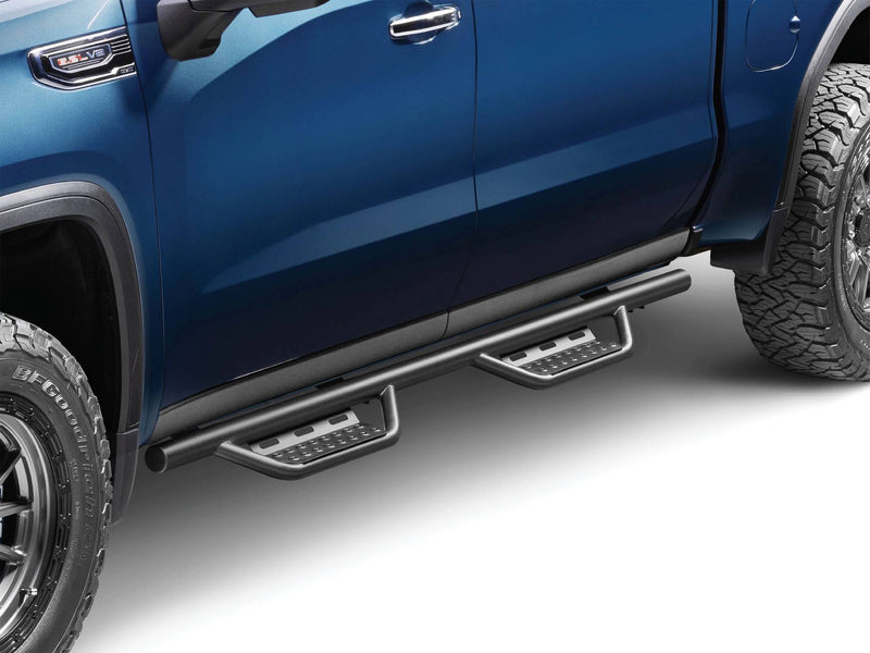 N-Fab Nerf Step RS step bars in textured black, front three-quarter view, installed along the rocker