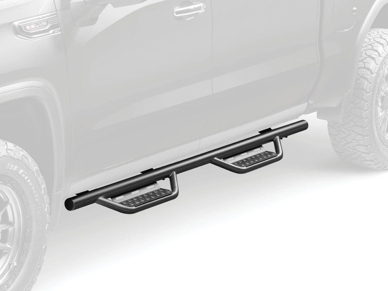 N-Fab Nerf Step RS step bars in textured black, ghosted vehicle illustration showing the installed product